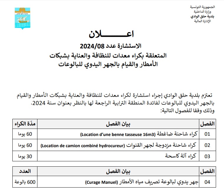 استشارة عدد 2024/08 المتعلقة بكراء معدات للنظافة والعناية بشبكات الـأمطار والقيام بالجهر اليدوي للبالوعات